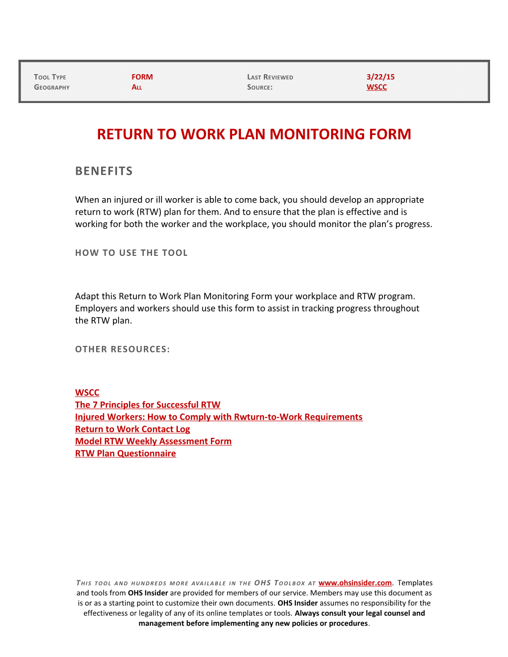 Return to Work Plan Monitoring Form