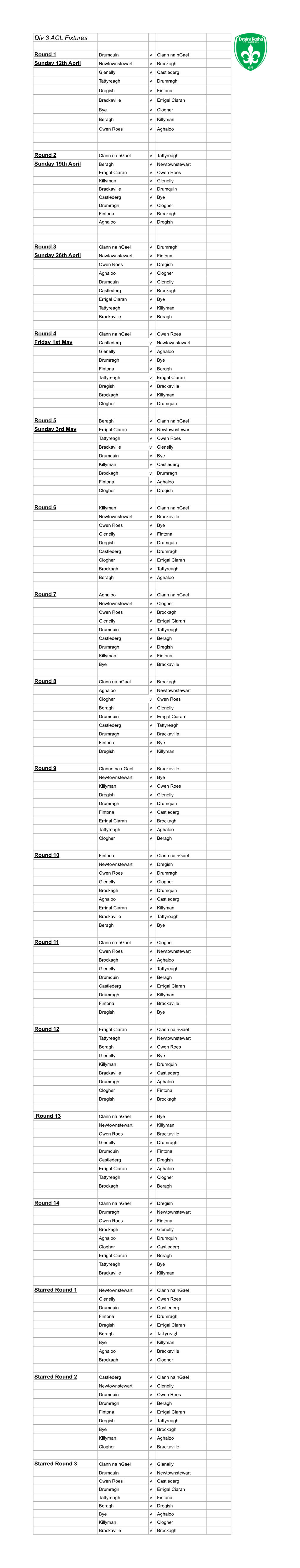 2015 Adult League Fixtures