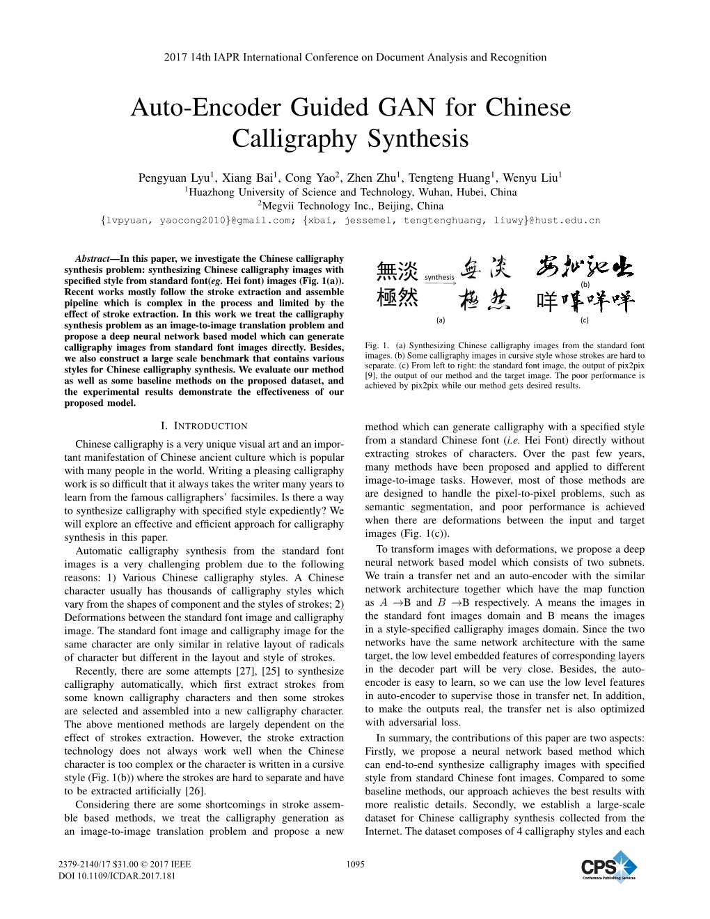 Auto-Encoder Guided GAN for Chinese Calligraphy Synthesis