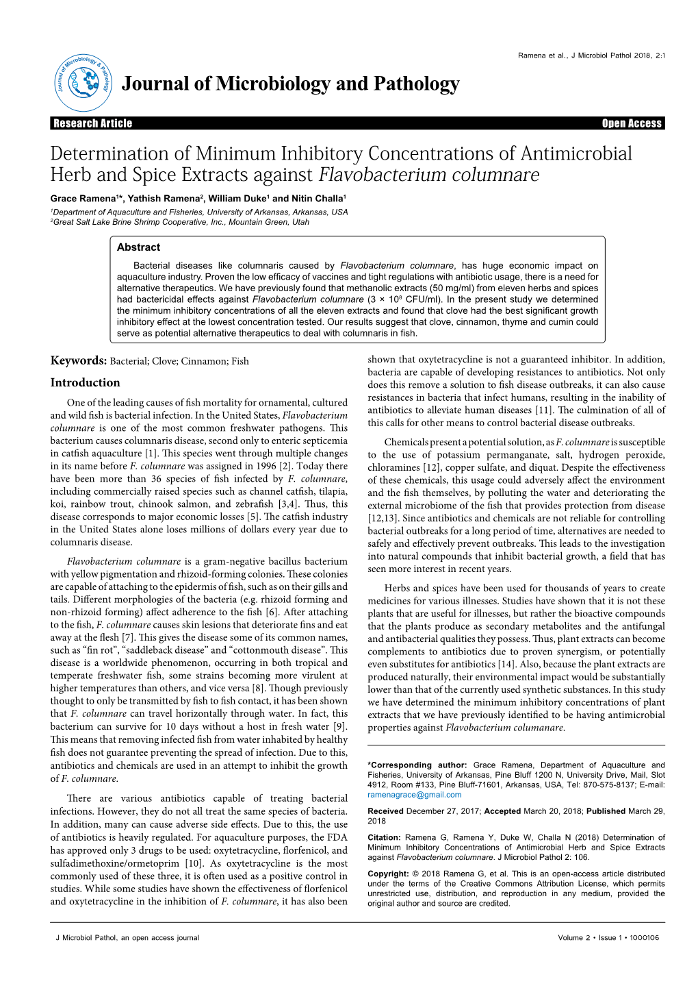 Determination of Minimum Inhibitory Concentrations of Antimicrobial Herb and Spice Extracts Against Flavobacterium Columnare