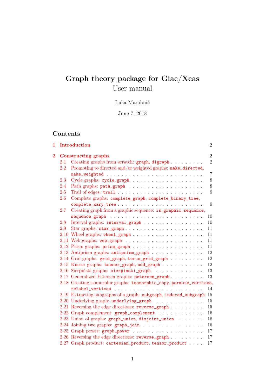 Graph Theory Package for Giac/Xcas User Manual