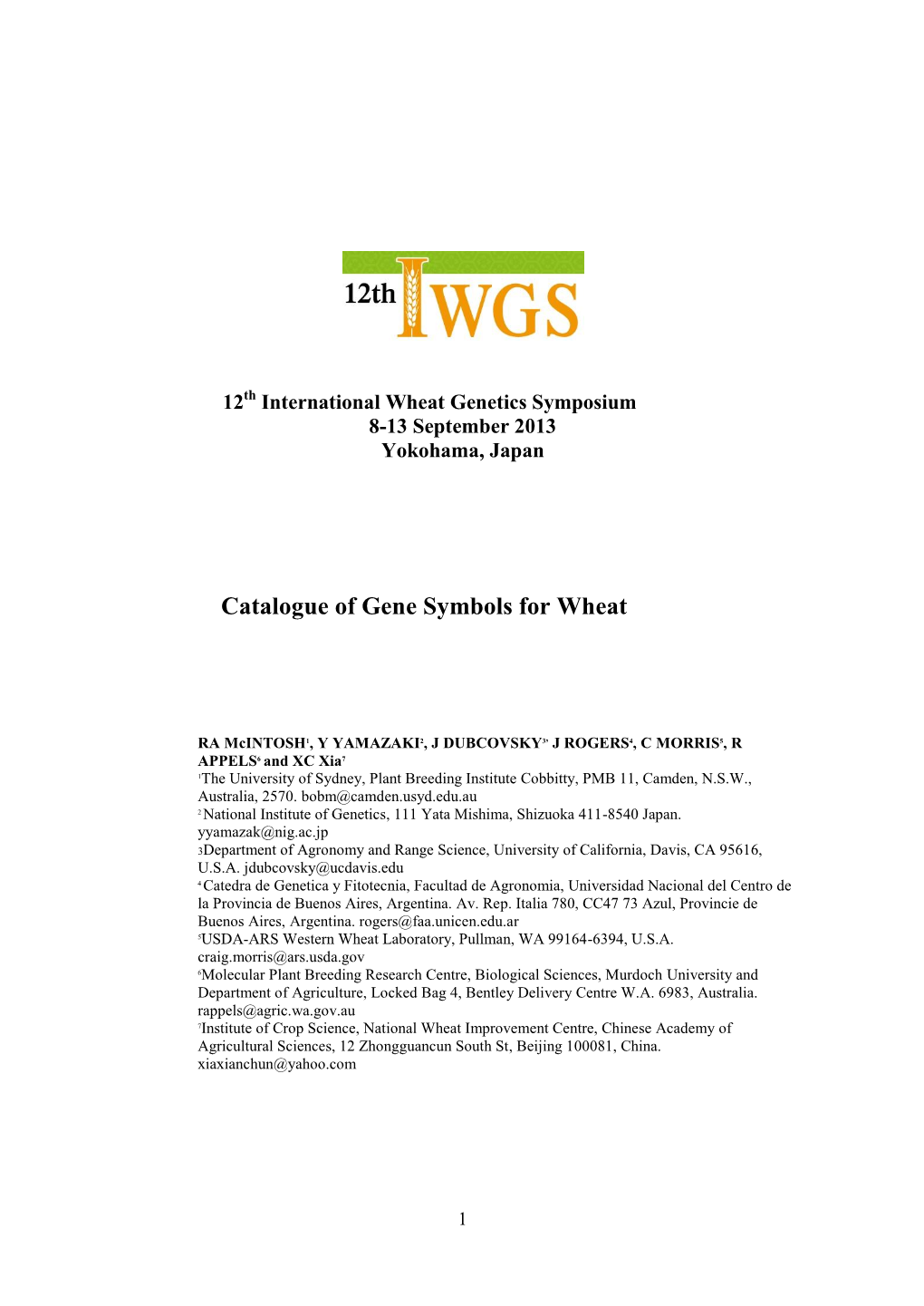 Catalogue of Gene Symbols for Wheat