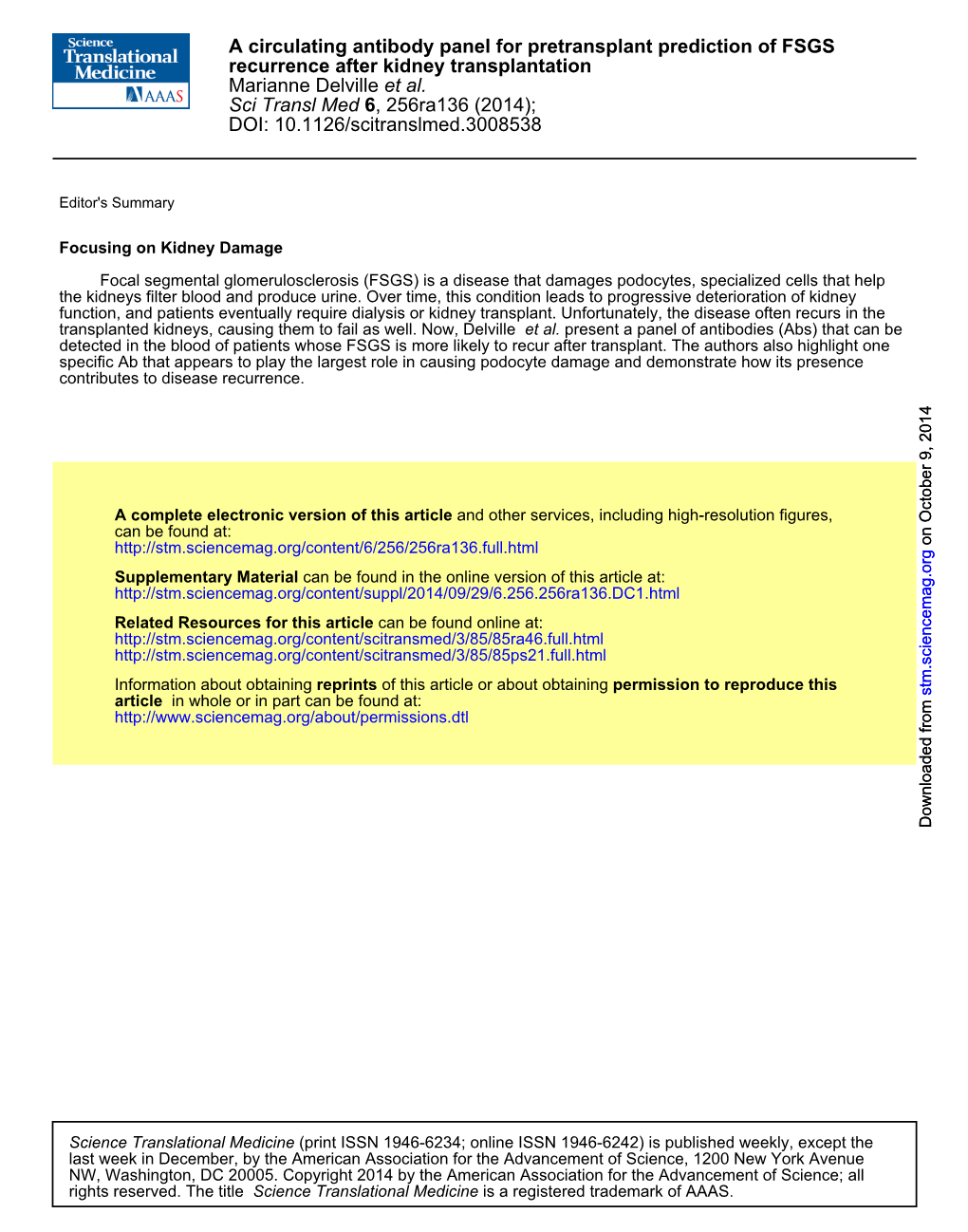 A Circulating Antibody Panel for Pretransplant Prediction of FSGS Recurrence After Kidney Transplantation Marianne Delville Et Al