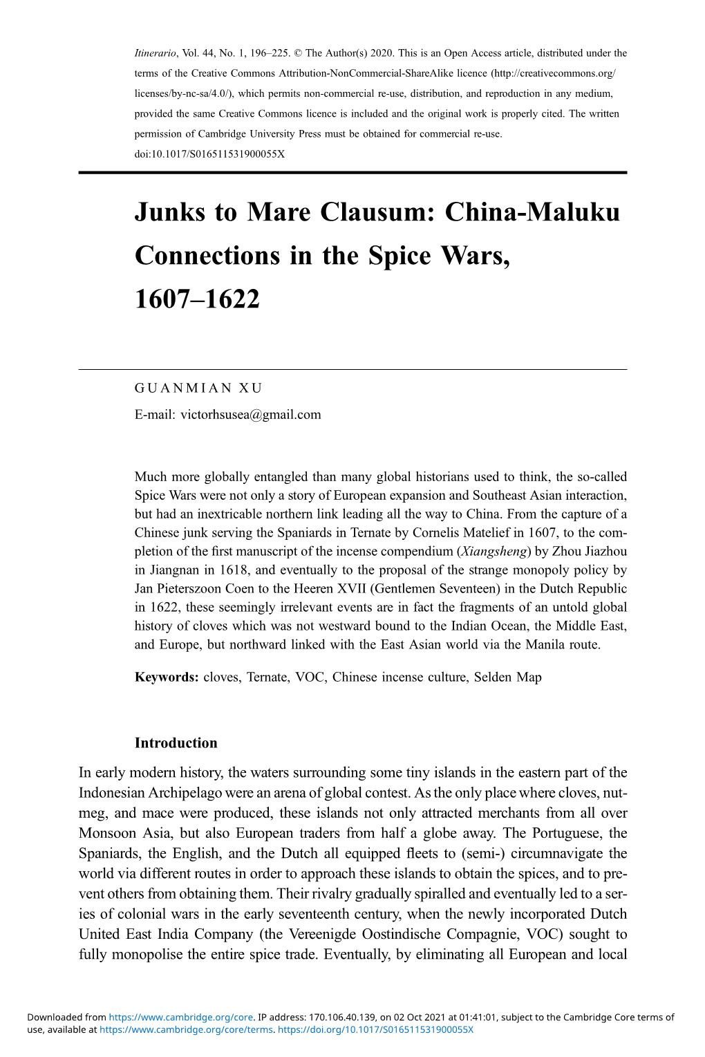 China-Maluku Connections in the Spice Wars, 1607–1622