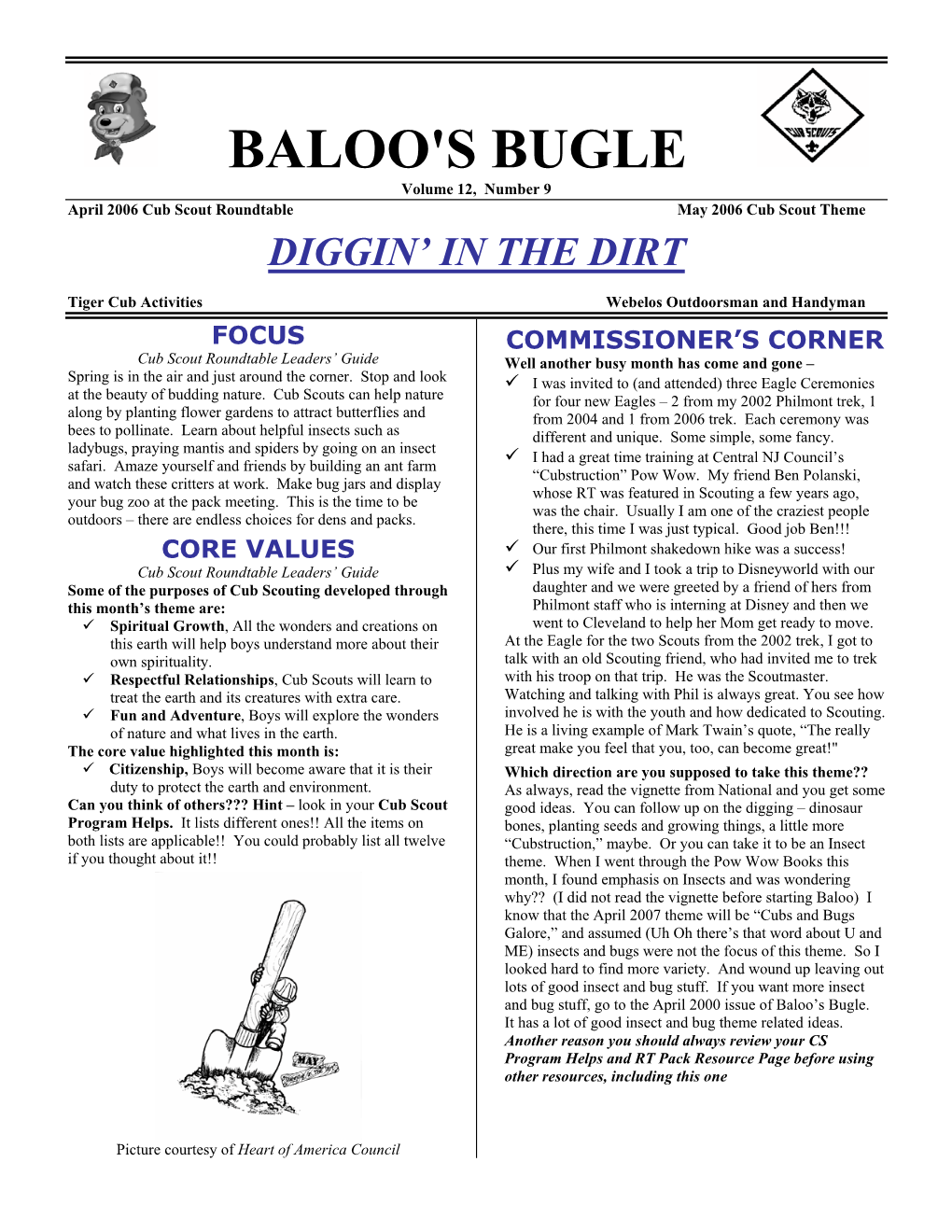 BALOO's BUGLE Volume 12, Number 9 April 2006 Cub Scout Roundtable May 2006 Cub Scout Theme DIGGIN’ in the DIRT