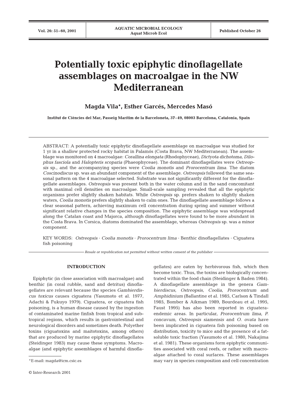 Potentially Toxic Epiphytic Dinoflagellate Assemblages on Macroalgae in the NW Mediterranean