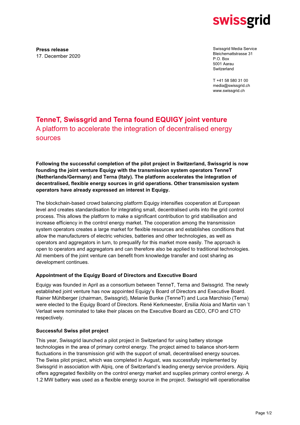 Media Release: Tennet, Swissgrid and Terna Found Equigy Joint Venture