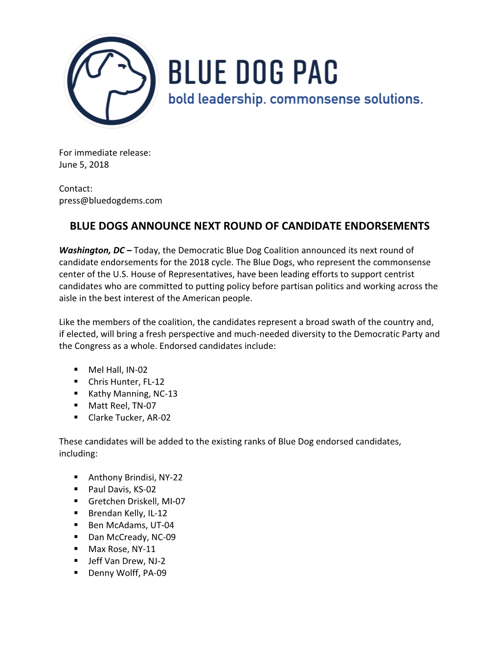 Blue Dogs Announce Next Round of Candidate Endorsements