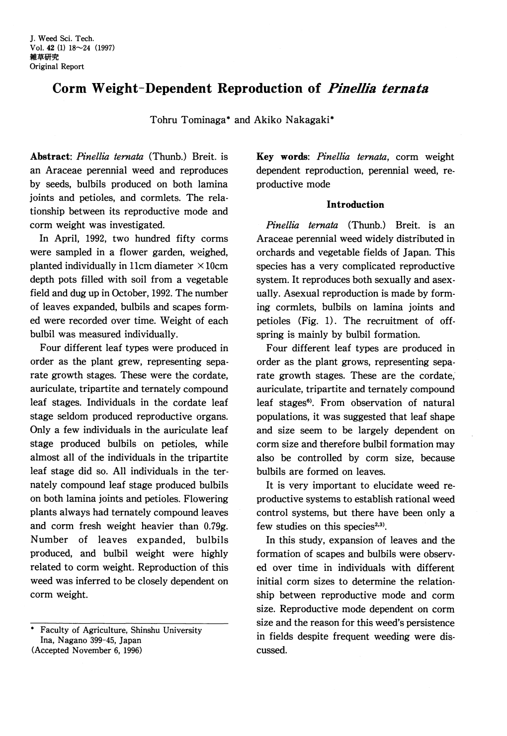 Corm Weight-Dependent Reproduction of Pinellia Ternata