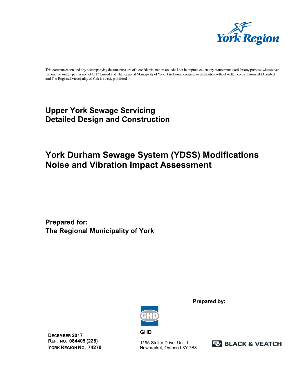 York Durham Sewage System (YDSS) Modifications Noise and Vibration Impact Assessment