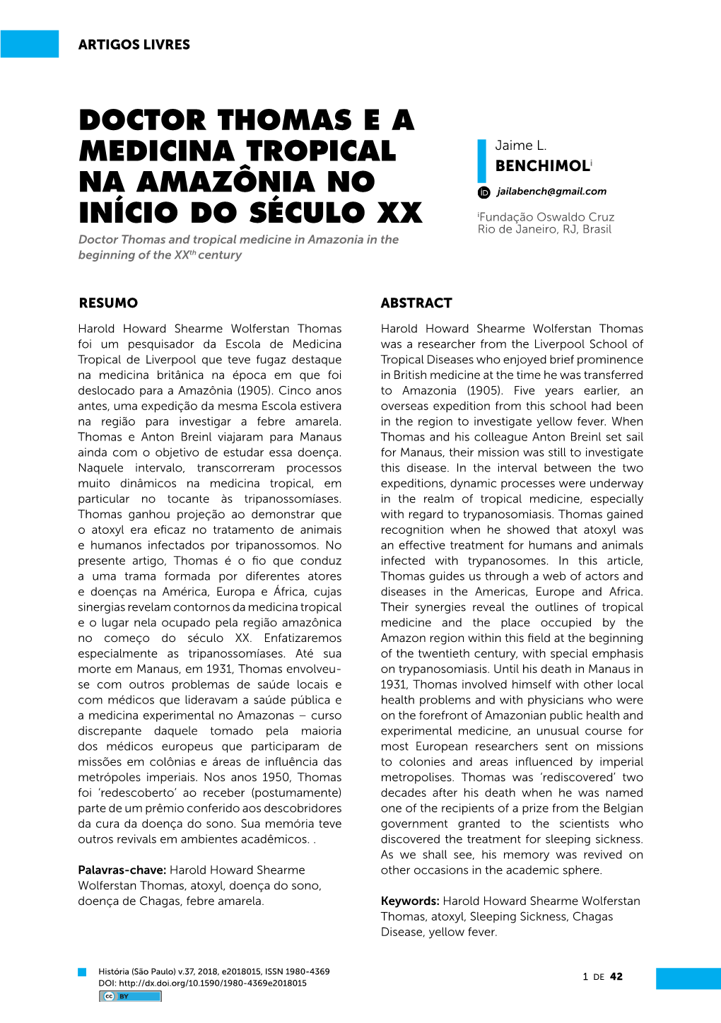 Doctor Thomas E a Medicina Tropical Na Amazônia No Início Do Século XX