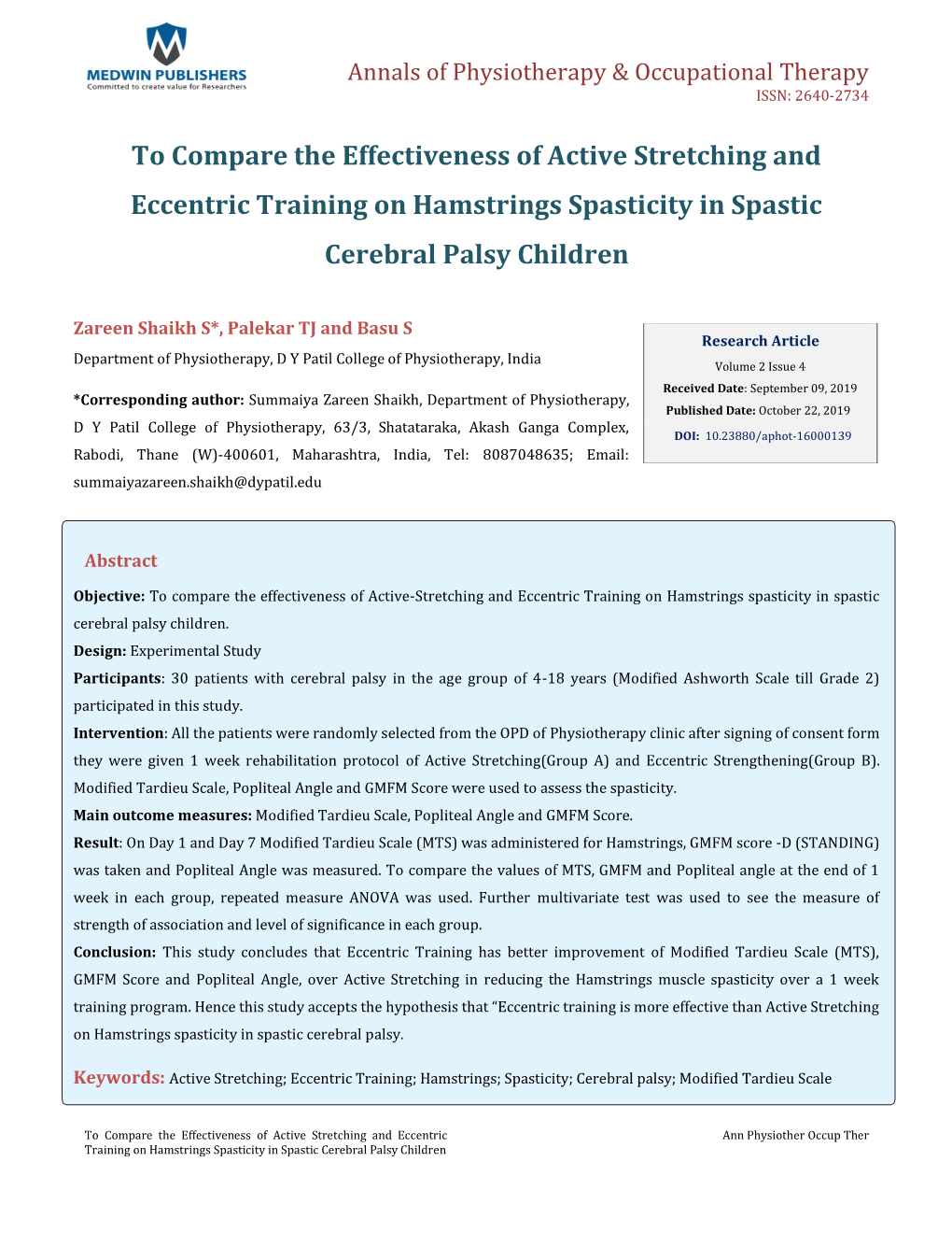 To Compare the Effectiveness of Active Stretching and Eccentric Training on Hamstrings Spasticity in Spastic Cerebral Palsy Children