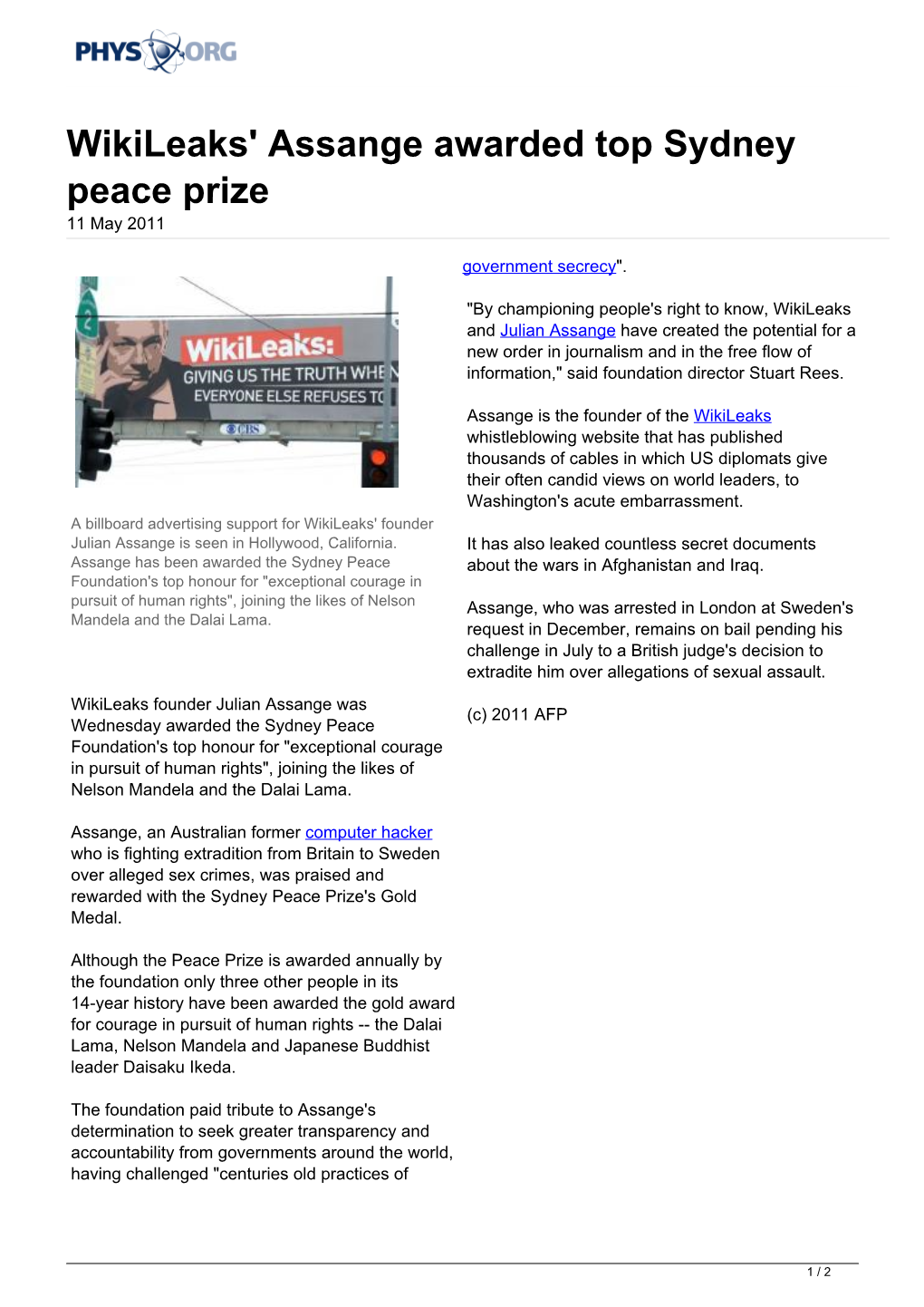 Wikileaks' Assange Awarded Top Sydney Peace Prize 11 May 2011