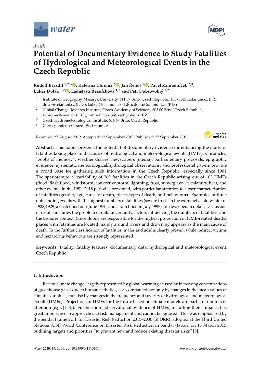 Potential of Documentary Evidence to Study Fatalities of Hydrological and Meteorological Events in the Czech Republic