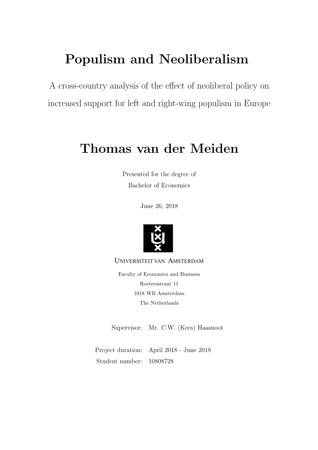 Populism and Neoliberalism Thomas Van Der Meiden