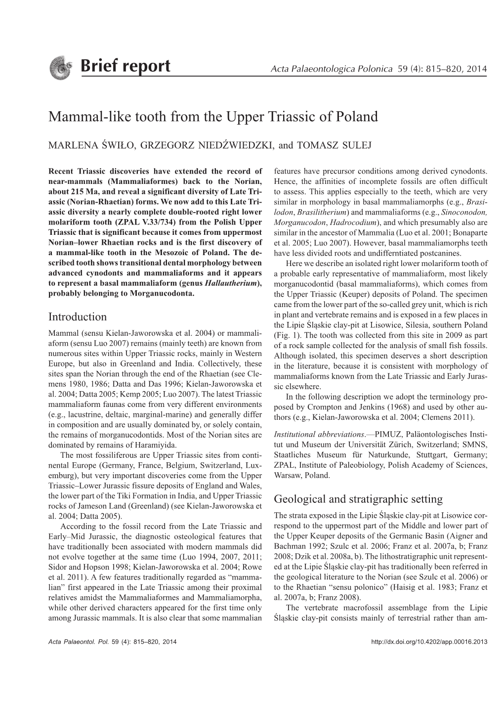 Mammal-Like Tooth from the Upper Triassic of Poland