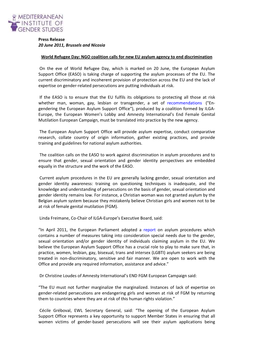 MIGS Press Release: "World Refugee Day: NGO Coalition Calls for New EU