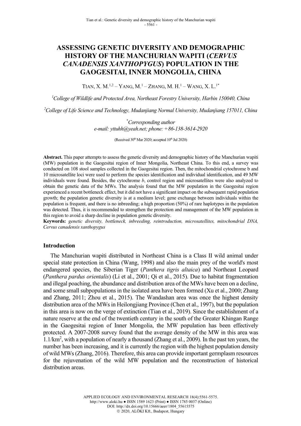 Assessing Genetic Diversity and Demographic History of the Manchurian Wapiti (Cervus Canadensis Xanthopygus) Population in the Gaogesitai, Inner Mongolia, China