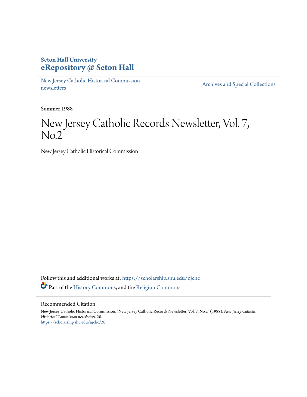 New Jersey Catholic Records Newsletter, Vol. 7, No.2 New Jersey Catholic Historical Commission