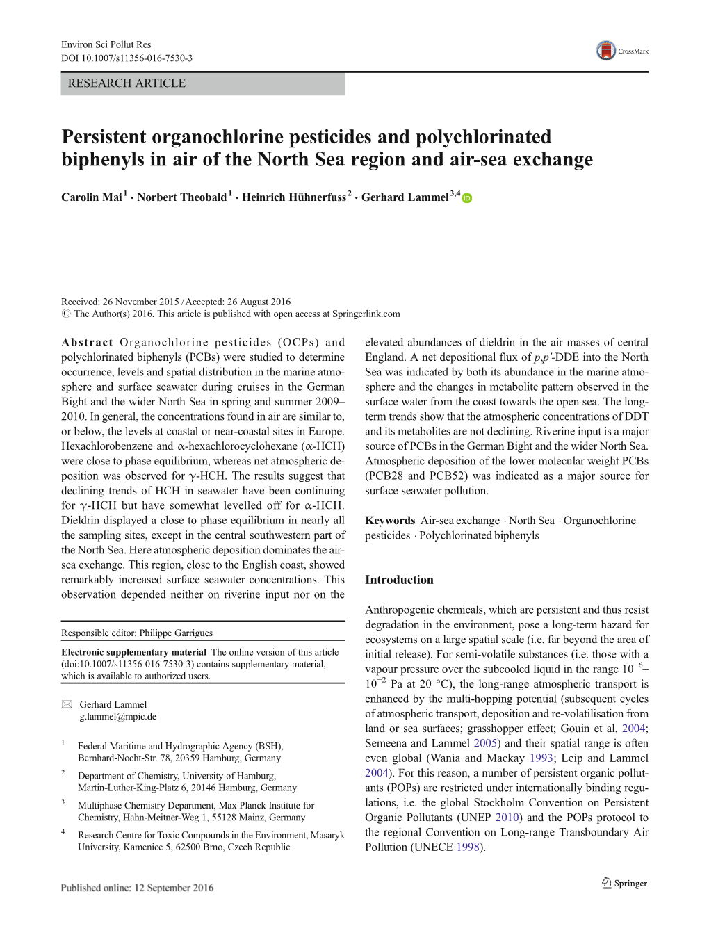 Persistent Organochlorine Pesticides and Polychlorinated Biphenyls in Air of the North Sea Region and Air-Sea Exchange
