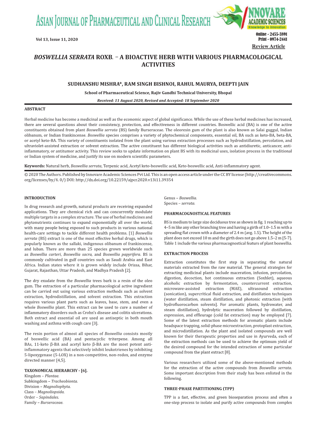 Boswellia Serrata Roxb. – a Bioactive Herb with Various Pharmacological Activities