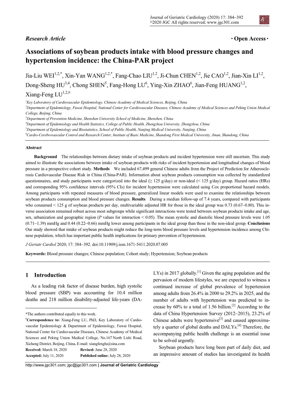 Associations of Soybean Products Intake with Blood Pressure Changes and Hypertension Incidence: the China-PAR Project