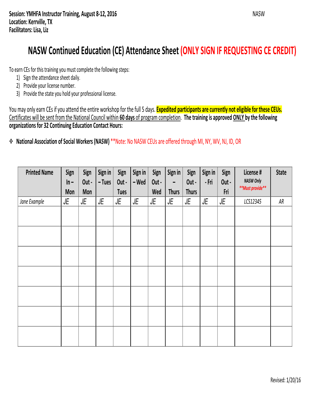 CE) Attendance Sheet (ONLY SIGN IF REQUESTING CE CREDIT)