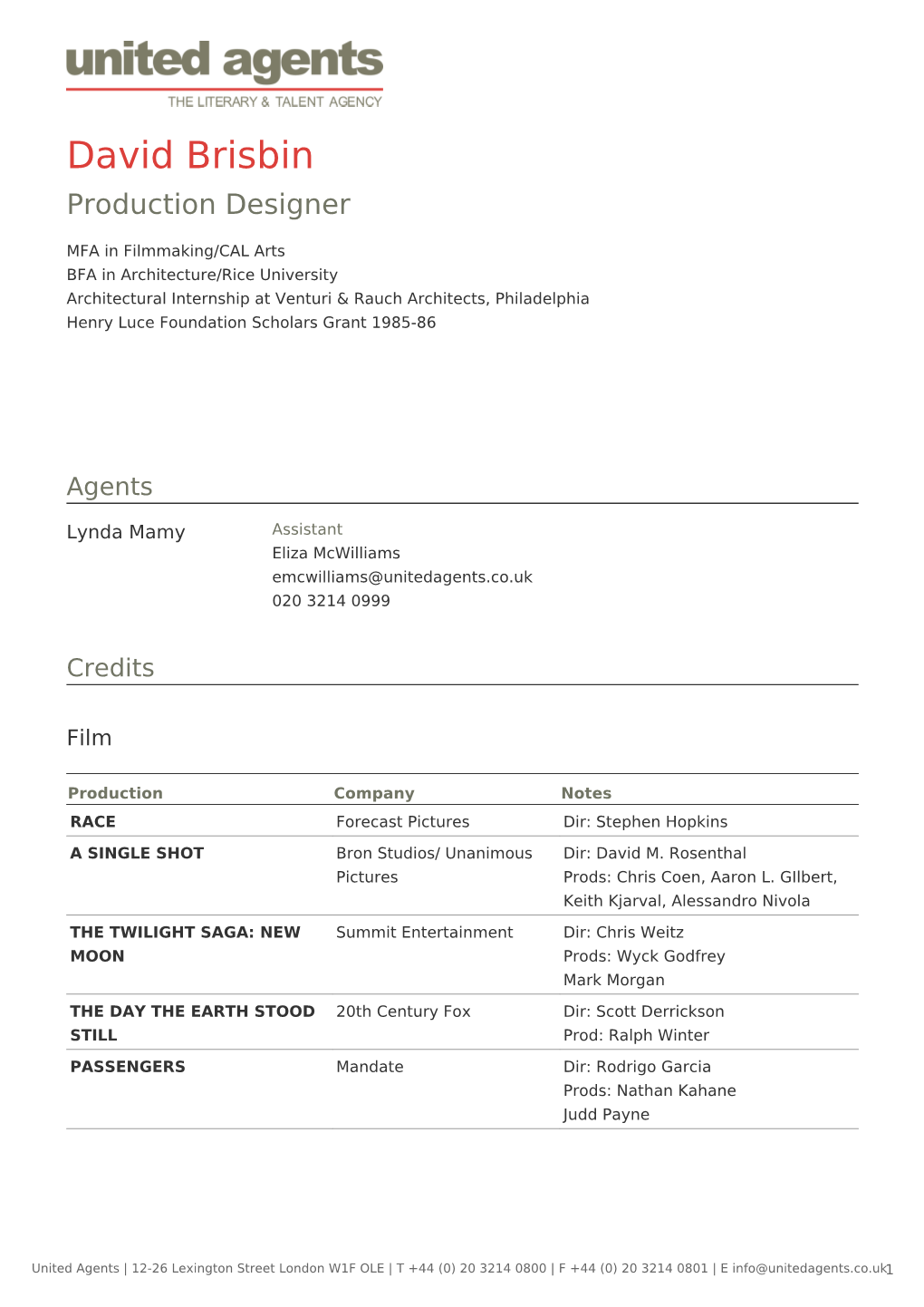 David Brisbin Production Designer