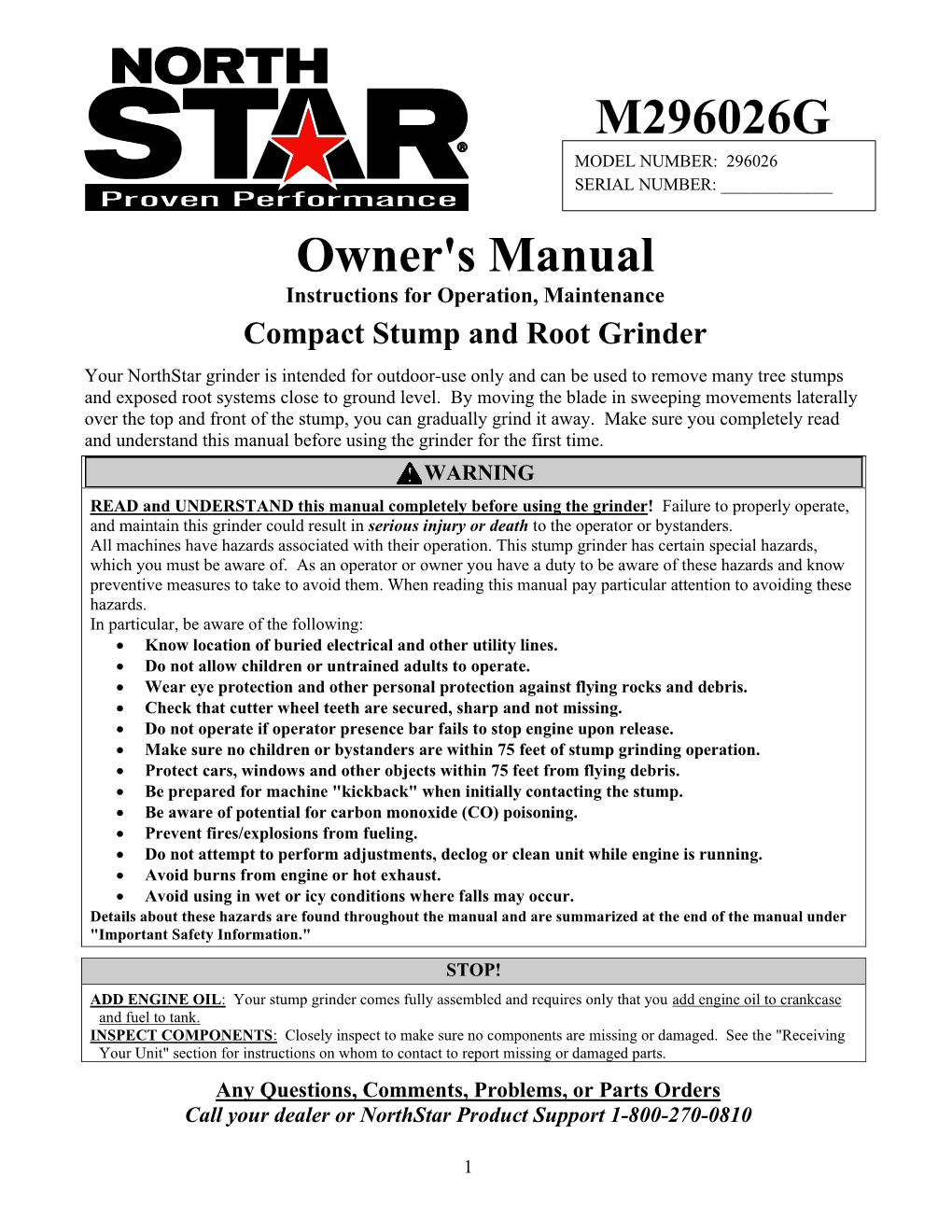 Product Manual for Northstar Compact Stump Grinder
