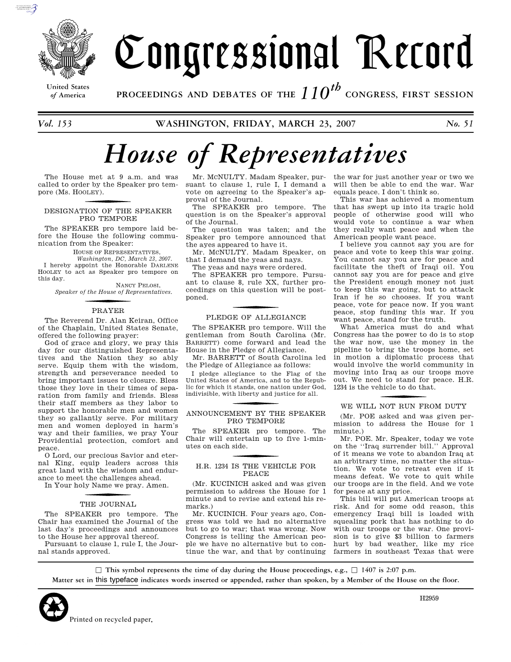 Congressional Record United States Th of America PROCEEDINGS and DEBATES of the 110 CONGRESS, FIRST SESSION