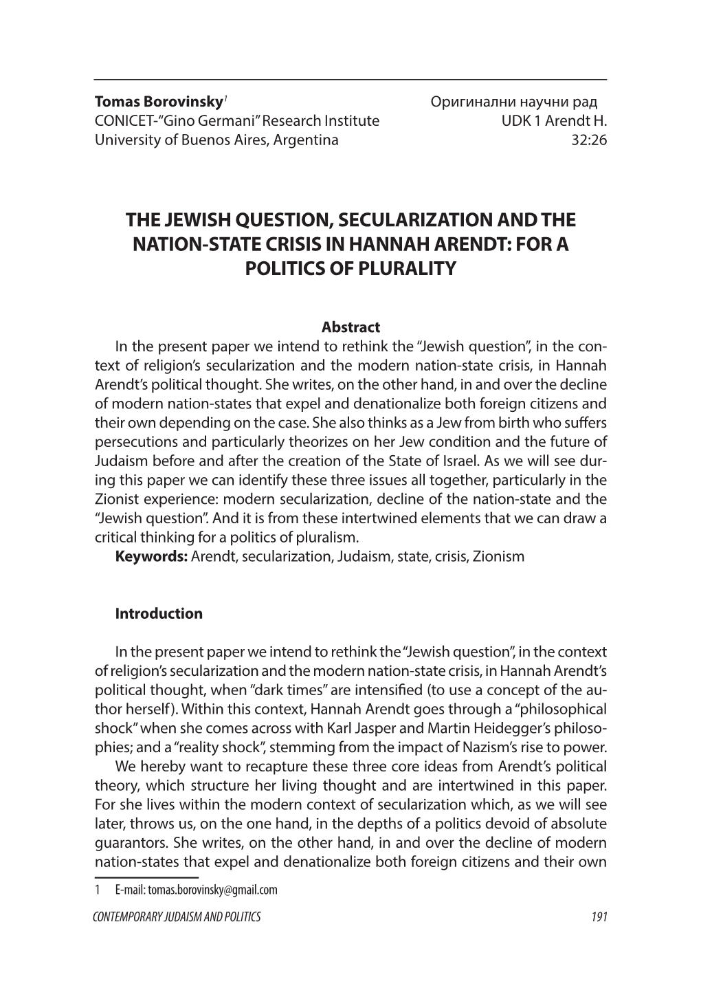The Jewish Question, Secularization and the Nation-State Crisis in Hannah Arendt: for a Politics of Plurality