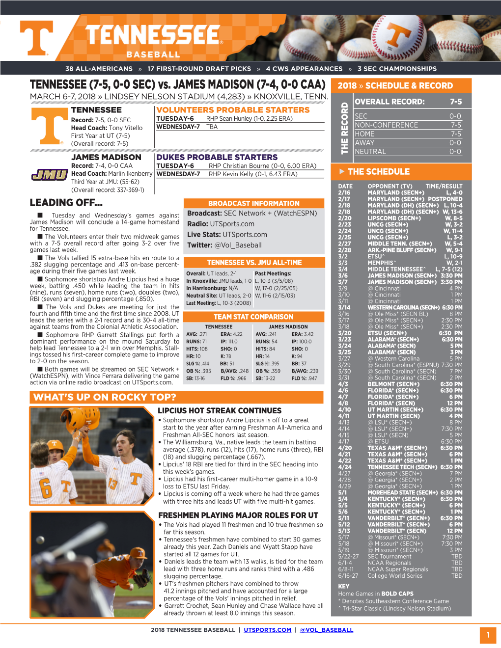 Vs. JAMES MADISON (7-4, 0-0 CAA) 2018 » SCHEDULE & RECORD MARCH 6-7, 2018 » LINDSEY NELSON STADIUM (4,283) » KNOXVILLE, TENN