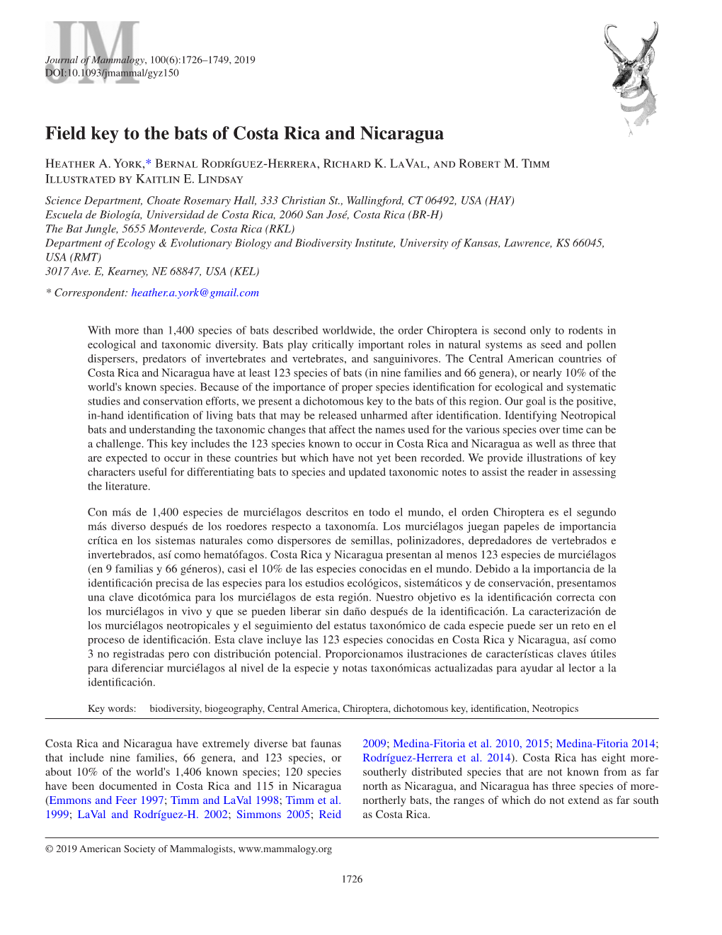 Field Key to the Bats of Costa Rica and Nicaragua