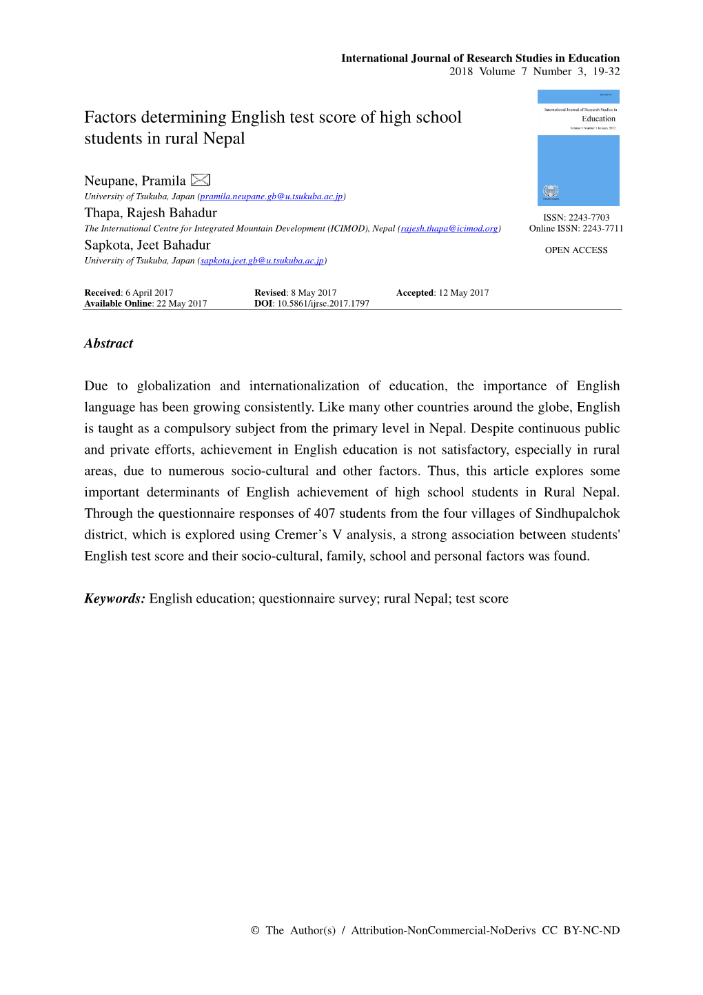 Factors Determining English Test Score of High School Students in Rural Nepal