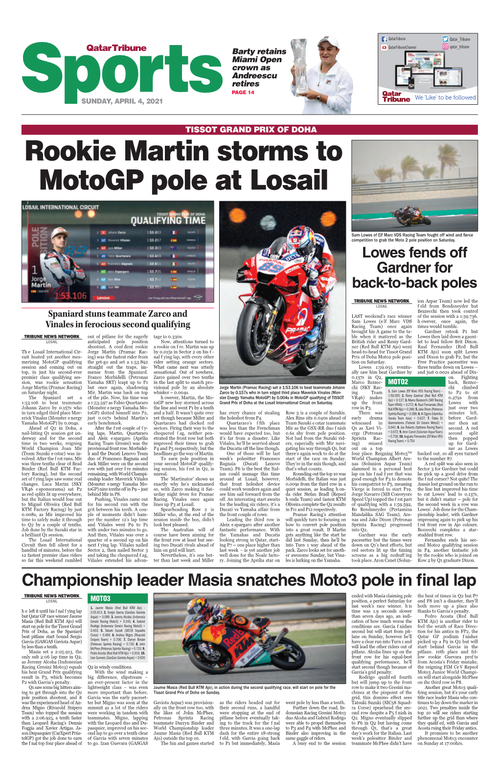 Rookie Martin Storms to Motogp Pole at Losail