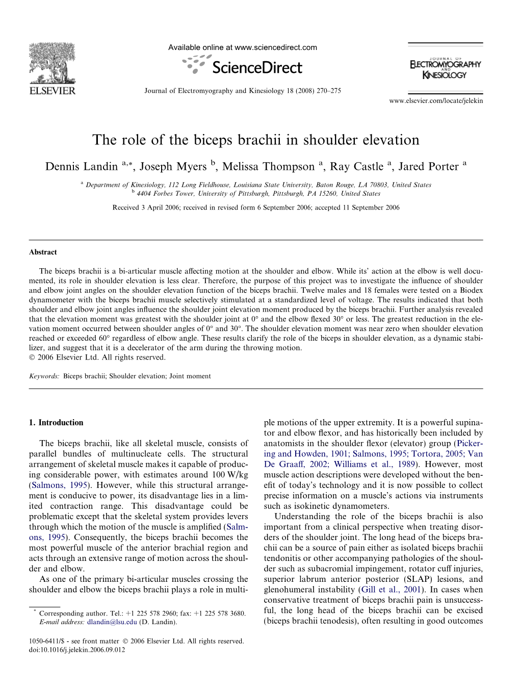 The Role of the Biceps Brachii in Shoulder Elevation