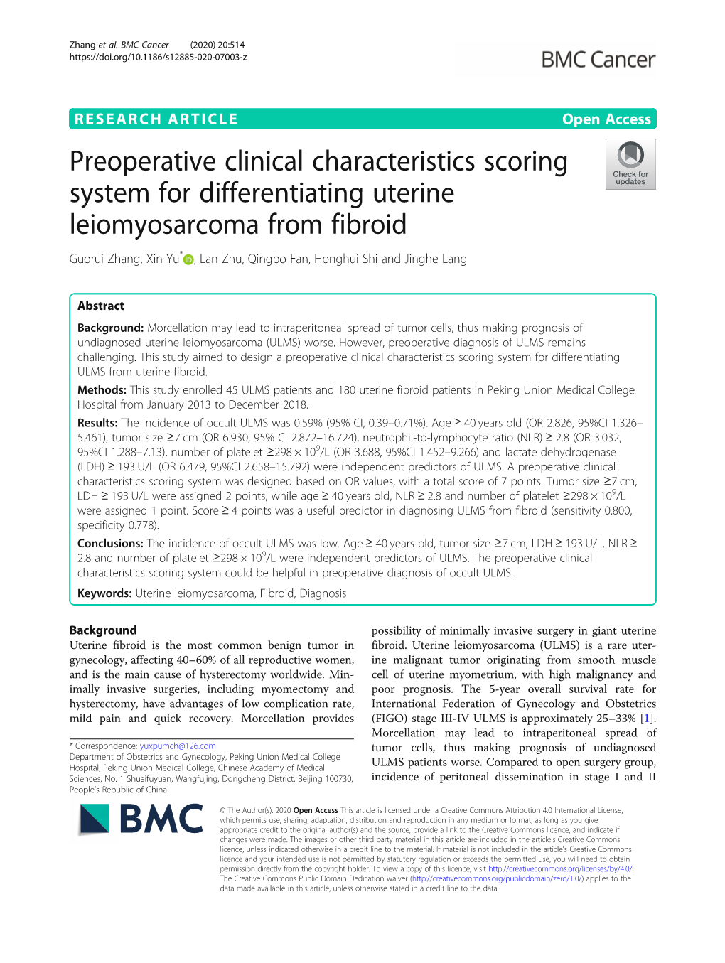 Preoperative Clinical Characteristics Scoring System for Differentiating Uterine Leiomyosarcoma from Fibroid