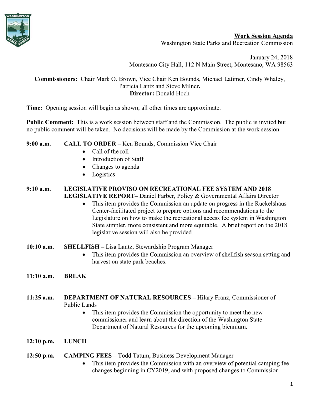 Work Session Agenda Washington State Parks and Recreation Commission