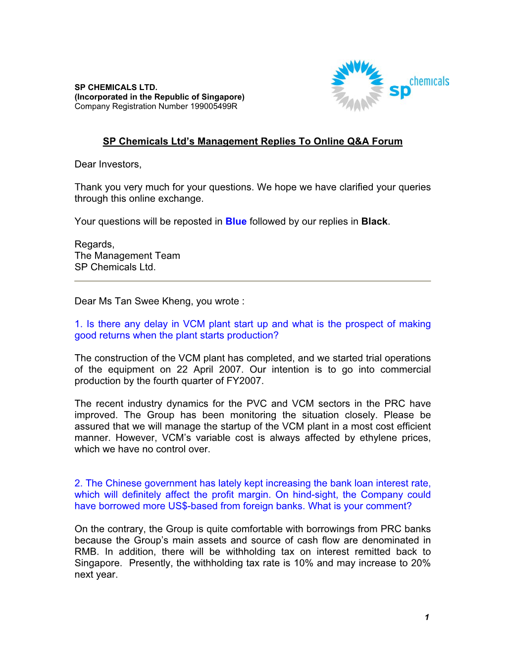 SP Chemicals Ltd's Management Replies to Online Q&A Forum Dear