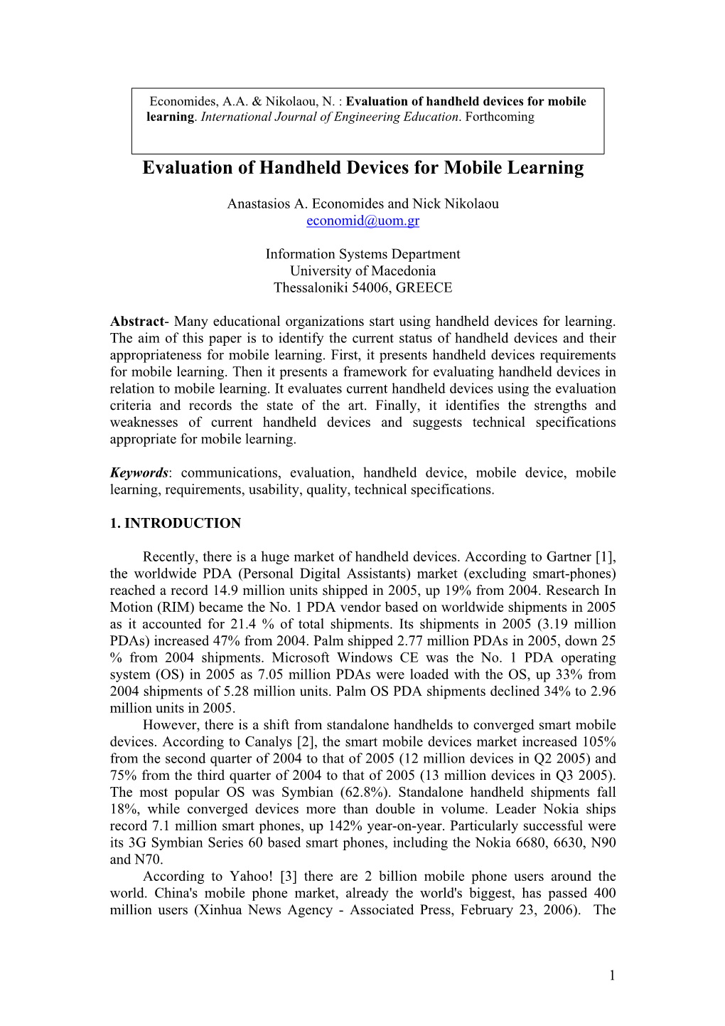 Evaluation of Handheld Devices for Mobile Learning