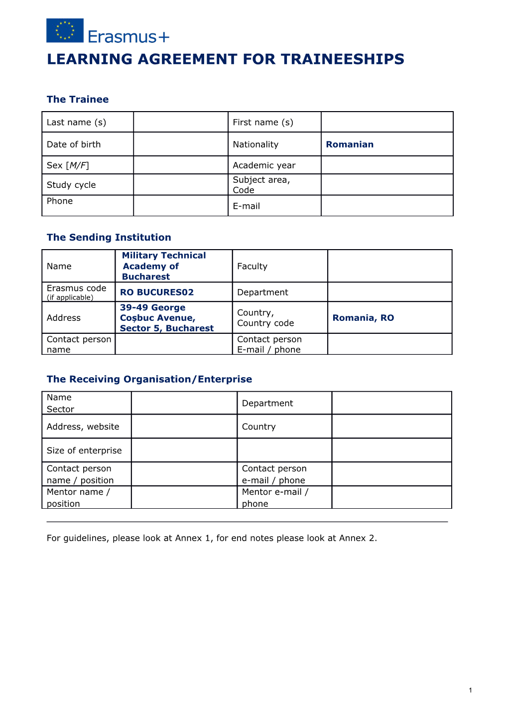 Learning Agreement for Traineeships s1