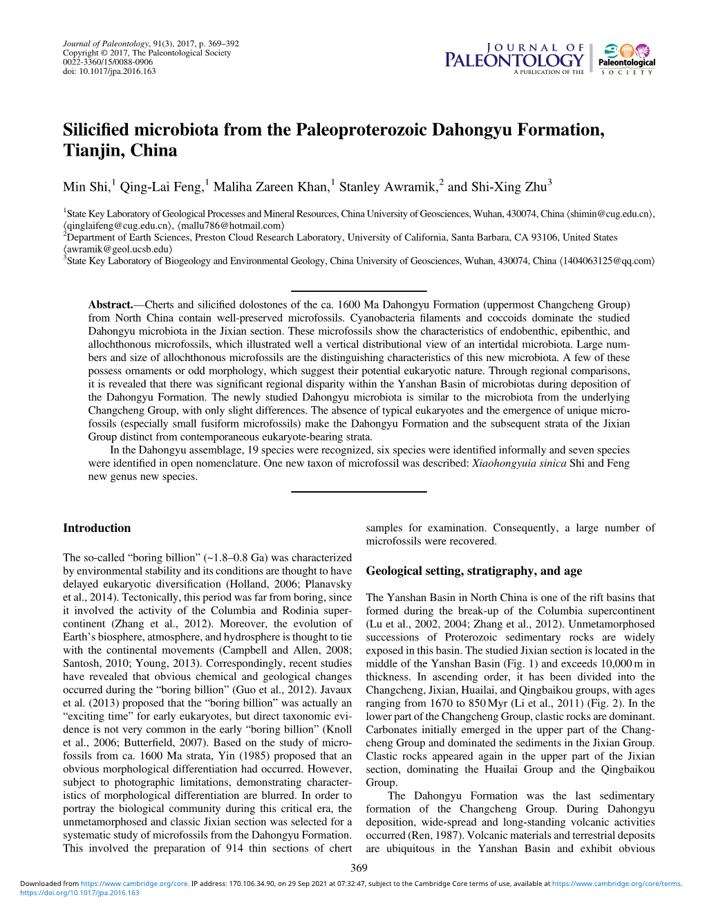 Silicified Microbiota from the Paleoproterozoic Dahongyu