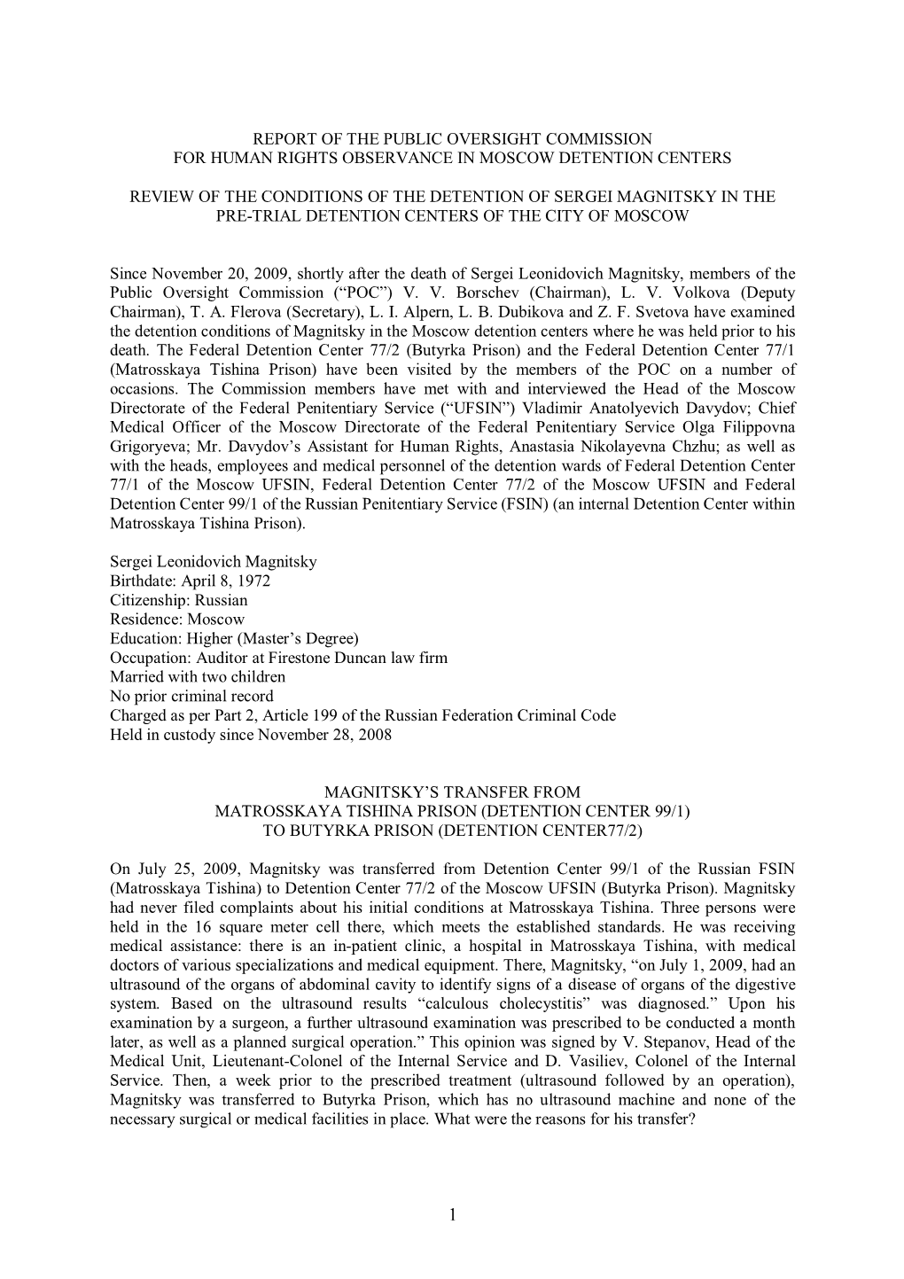 Report of the Public Oversight Commission for Human Rights Observance in Moscow Detention Centers