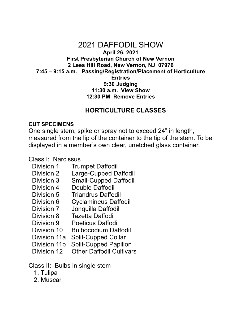 2021 Daffodil Show Schedule