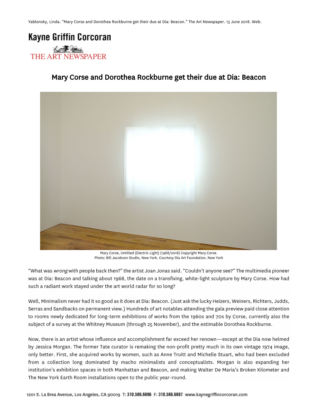 Mary Corse and Dorothea Rockburne Get Their Due at Dia: Beacon.” the Art Newspaper