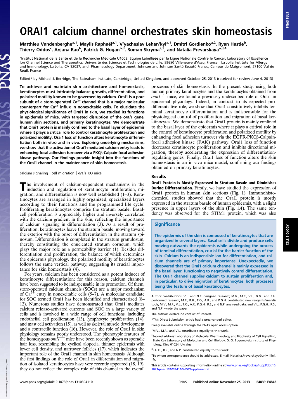 ORAI1 Calcium Channel Orchestrates Skin Homeostasis PNAS PLUS