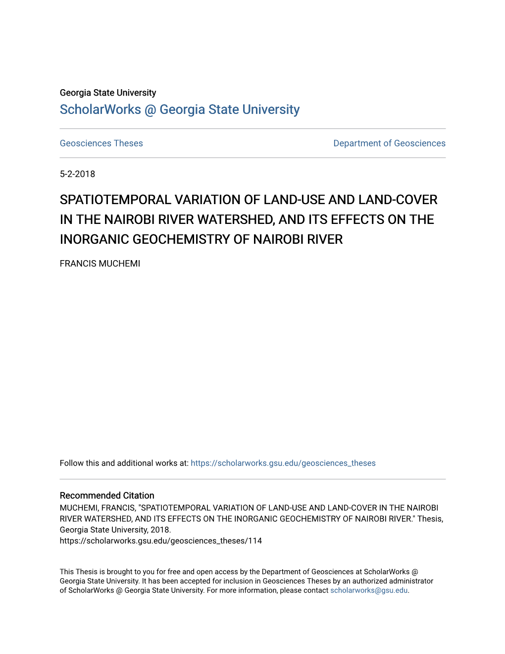 Spatiotemporal Variation of Land-Use and Land-Cover in the Nairobi River Watershed, and Its Effects on the Inorganic Geochemistry of Nairobi River