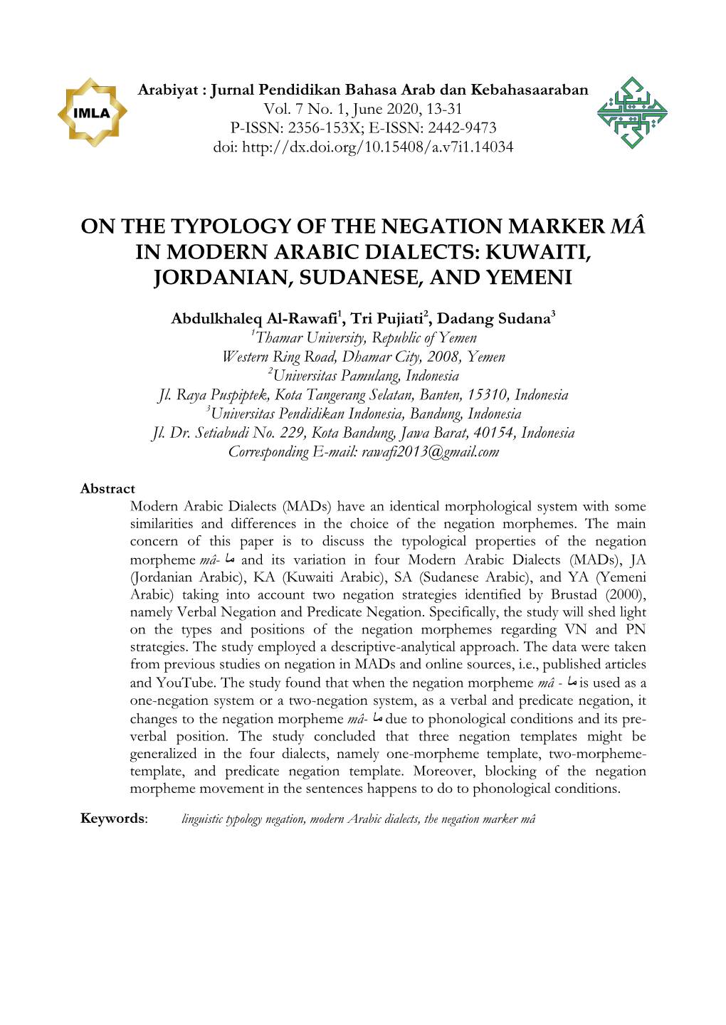 On the Typology of the Negation Marker Mā in Modern Arabic Dialects