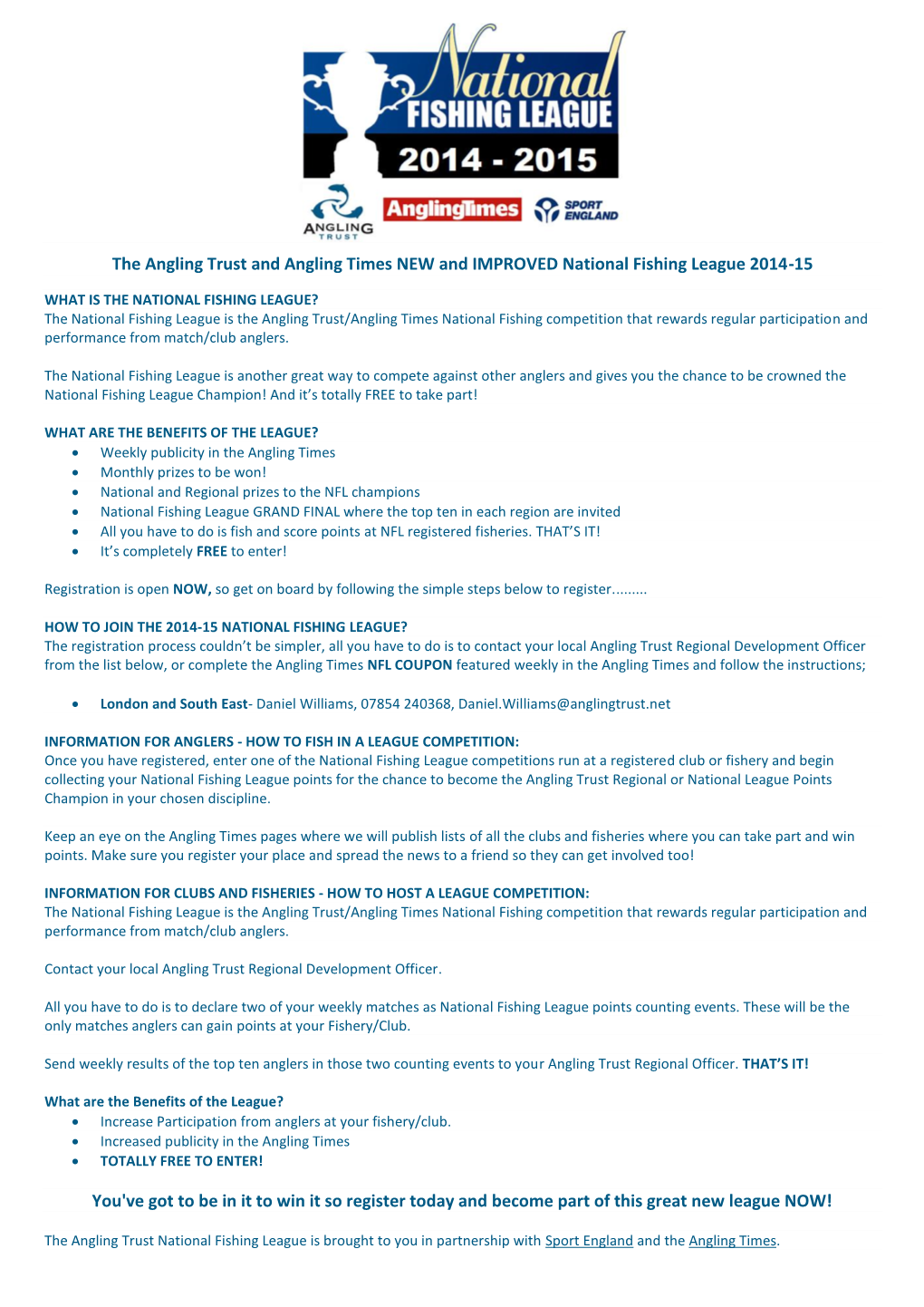 The Angling Trust and Angling Times NEW and IMPROVED National Fishing League 2014-15