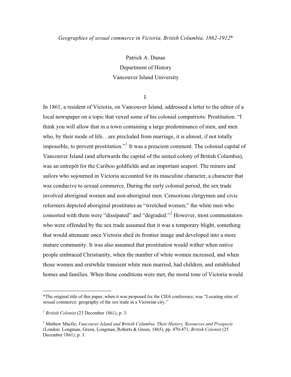 Geographies of Sexual Commerce in Victoria, British Columbia, 1862-1912*